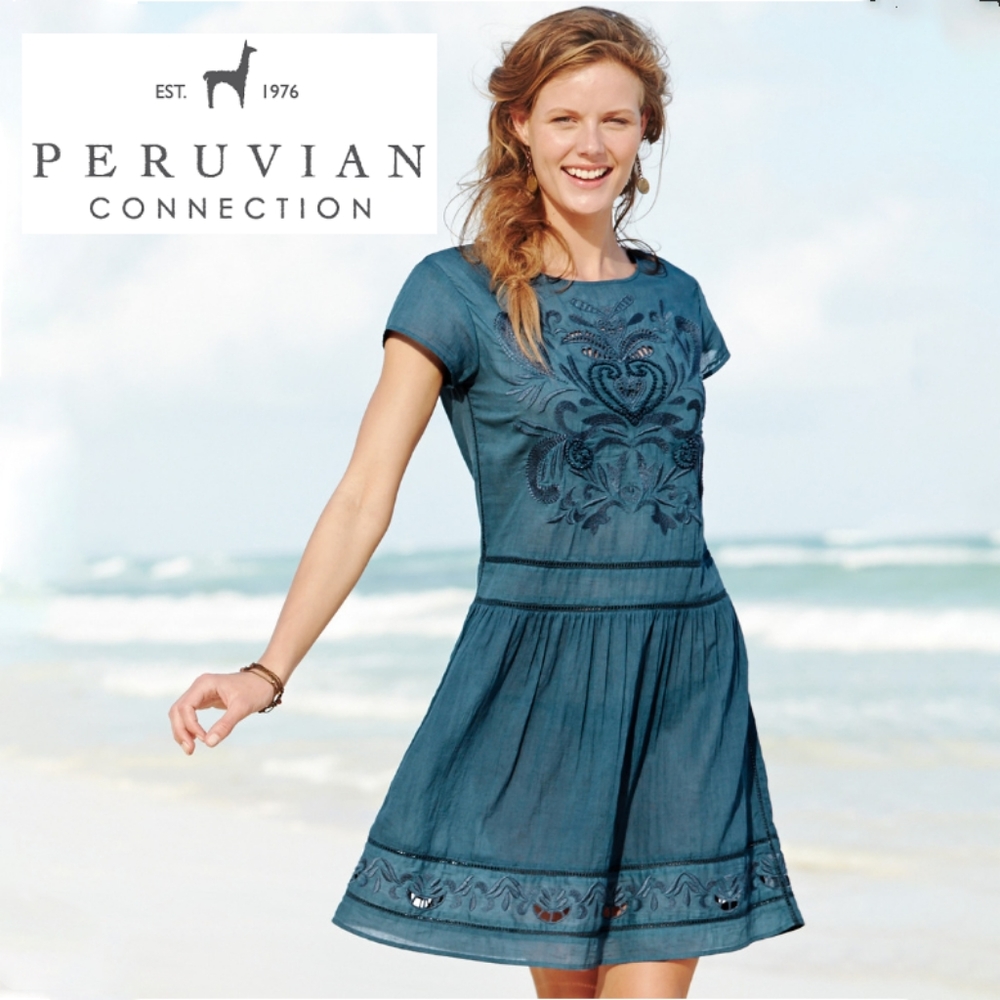 Peruvian Connection Teal Embroidered Short-Sleeve Cotton Dress